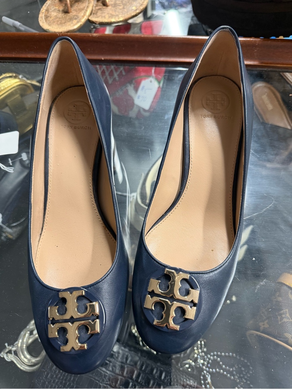Tory Burch Navy Leather Logo Ballet Heels with Gold Emblem